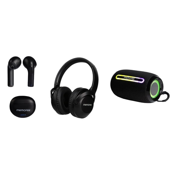 Memorex 3-in-1 Wireless Audio Bundle – Bluetooth Headphones, True Wireless Earbuds & Portable Speaker, Bluetooth 5.1, Hands-Free Calling, Black
