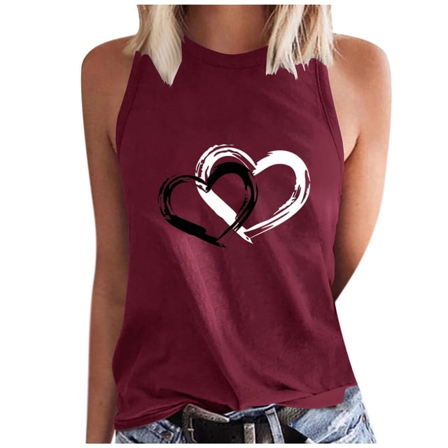 Timegard Camisoles pour Femmes Col Rond Imprimé Cœur Sans Manches Confortables Décontractées Amples Chemises Hauts Blouse