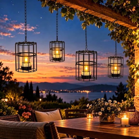 PChero Solar Hanging Lanterns Outdoor Waterproof, Iron Cylindrical Candle Holder with Flickering Solar Powered Tea Lights, Perfect Chargeable Solar Lights for Backyard