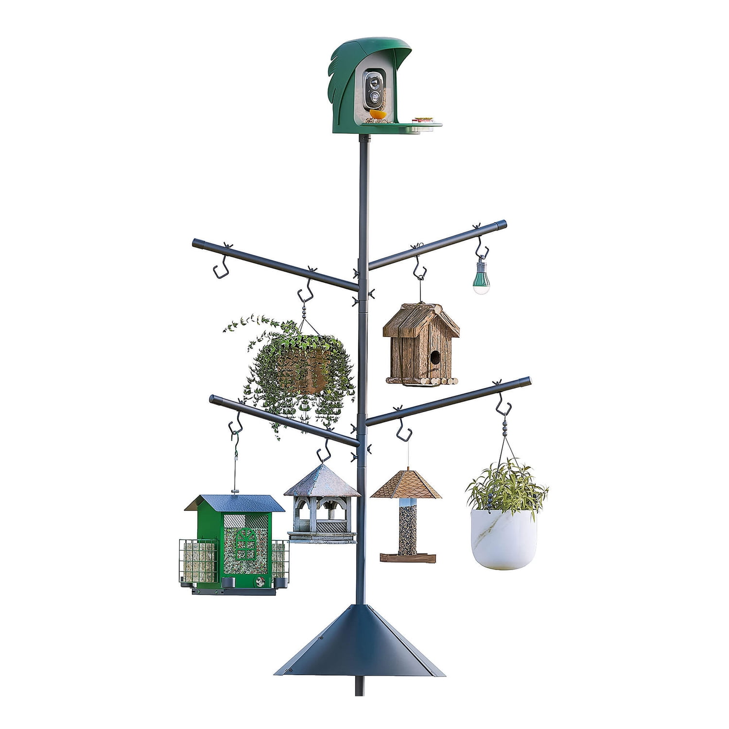 PerchMe Heavy-Duty Deluxe Bird Feeder Pole Station with Squirrel Baffle, Rotating Crossbars, and Hooks, 92-In. Max Height SF-BF-PS