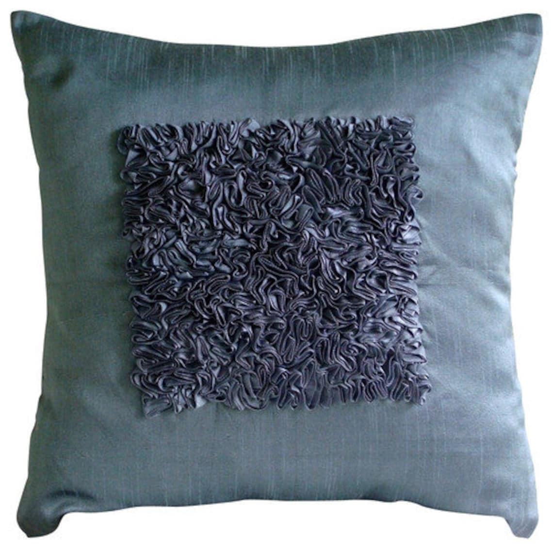 Blue Pillow Shams, Textured Ribbon Centered Pillow Shams, 24x24 inch