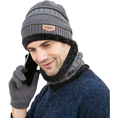 3 Pieces Winter Warm Hat Scarf Glove Set Knit Thick Beanie Scarves Cap for Men