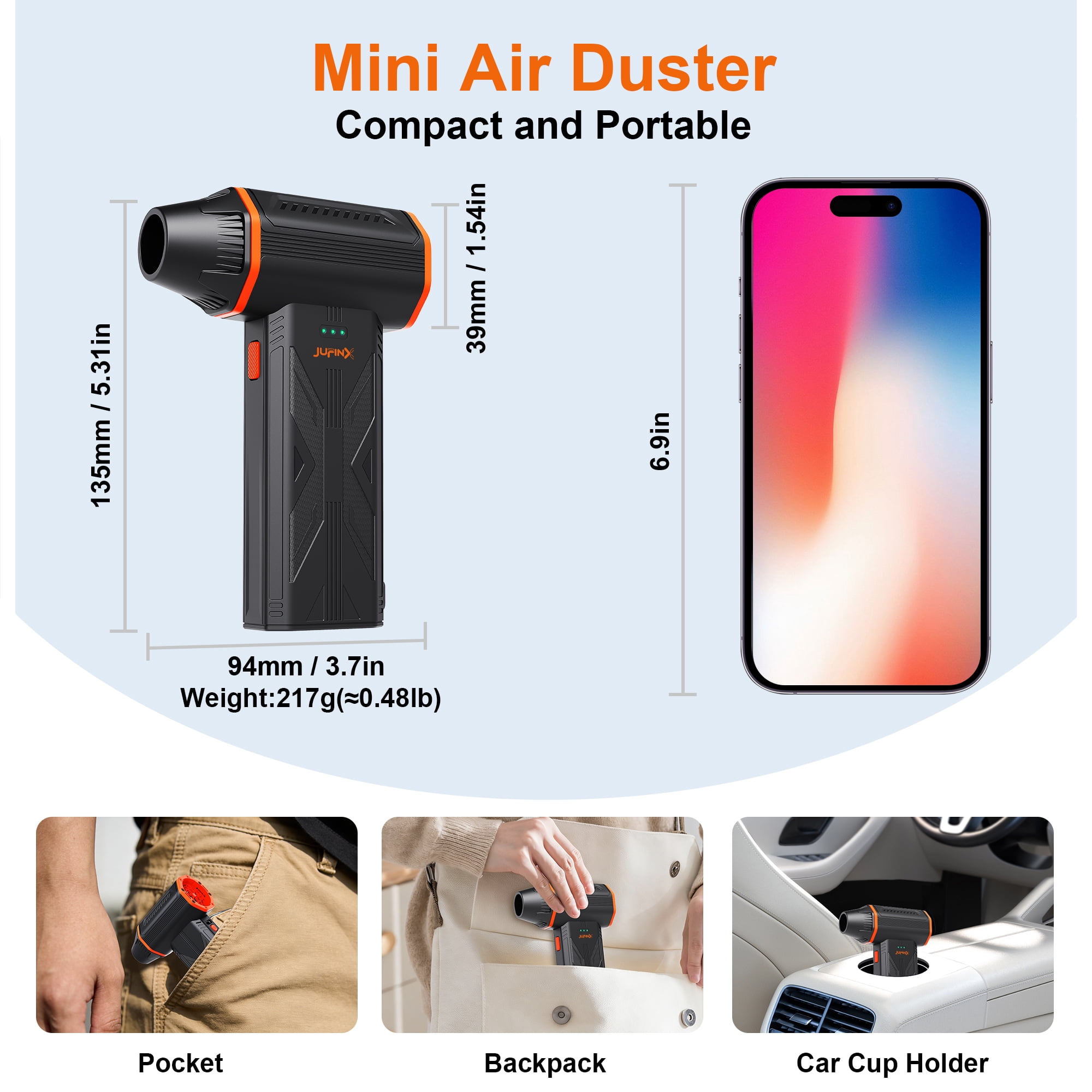 JUFINX 2-in-1 Compressed Air Duster,with Vacuum Pumping of Storage Bag, 150000 RPM Electronic Air Blower, Portable Cleaner for Laptop,PC,Car, Keyboard