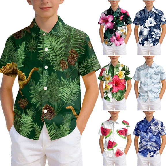 WUANDIXFA Hawaiian Button Down Shirts for Boys Short Sleeve Tropical Print, Kids Summer Beachwear Tops 7-14 Years (Green, 7-8 Years)