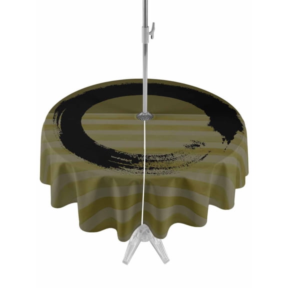 Outdoor Tablecloth with Umbrella Hole for Patio/Picnic/Party/Camping, Olive Green Striped Waterproof Table Cloth Round Cover Washable, Black Geometric Vintage Stripes Ombre (Dia 60")