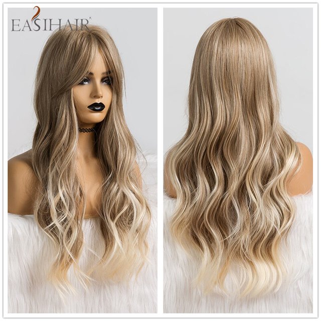 EASIHAIR Ombre marrón claro rubio platino largo ondulado parte media peluca de pelo Cosplay Natural resistente al calor peluca sintética para mujeres Tan Jianjun unisex