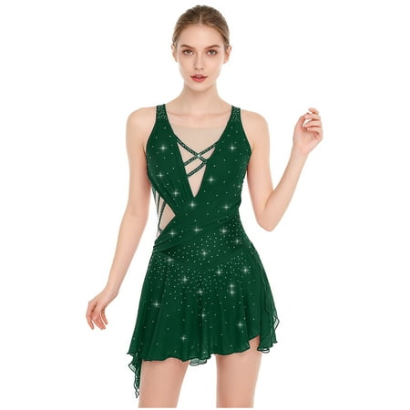 SiiRoh Women s Glittery Lyrical Dance Dress Sleeveless Backless Skirt Leotard Contemporary Dancing Clothes Dark Green XXL