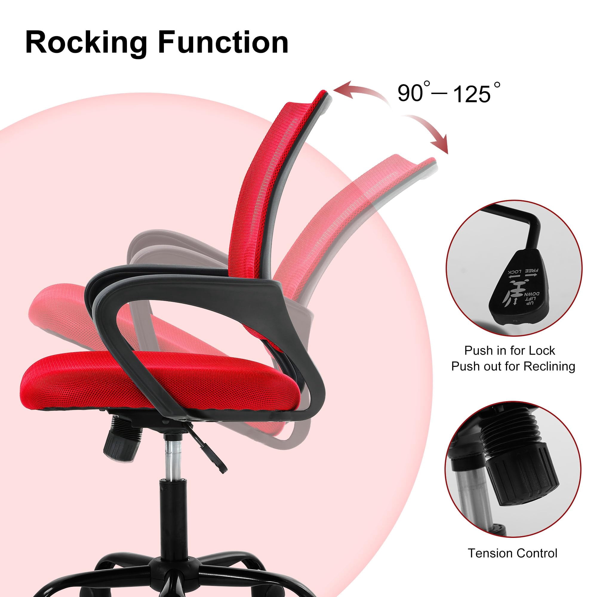 CL.HPAHKL Ergonomic Desk Chair, Mid-Back Mesh Office Chair with Wheels, Rolling Swivel Computer Task Chair for Home Office, Fixed Armrests, Tilt & Height Adjustable, Red