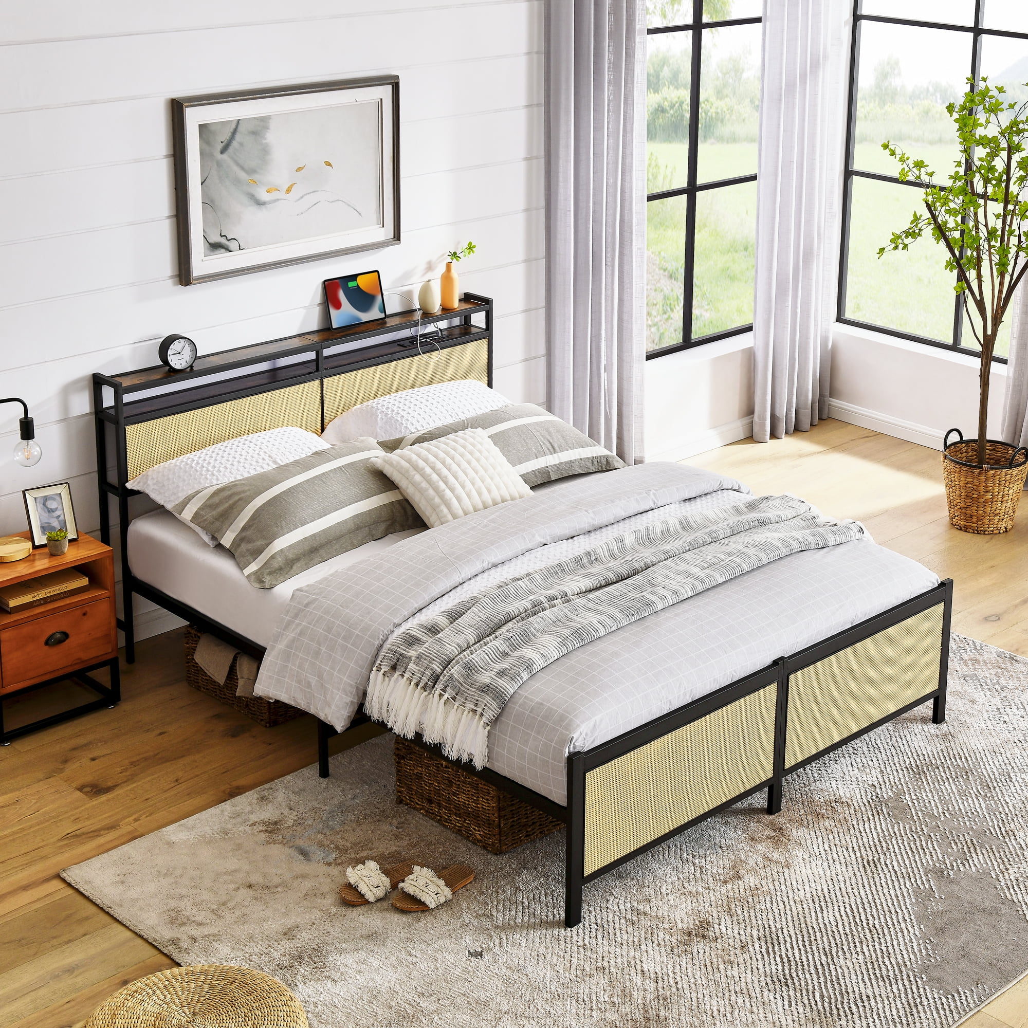 Euroco Metal Queen Platform Bed Frame with Storage Headboard and LED Light for Adults, Beige