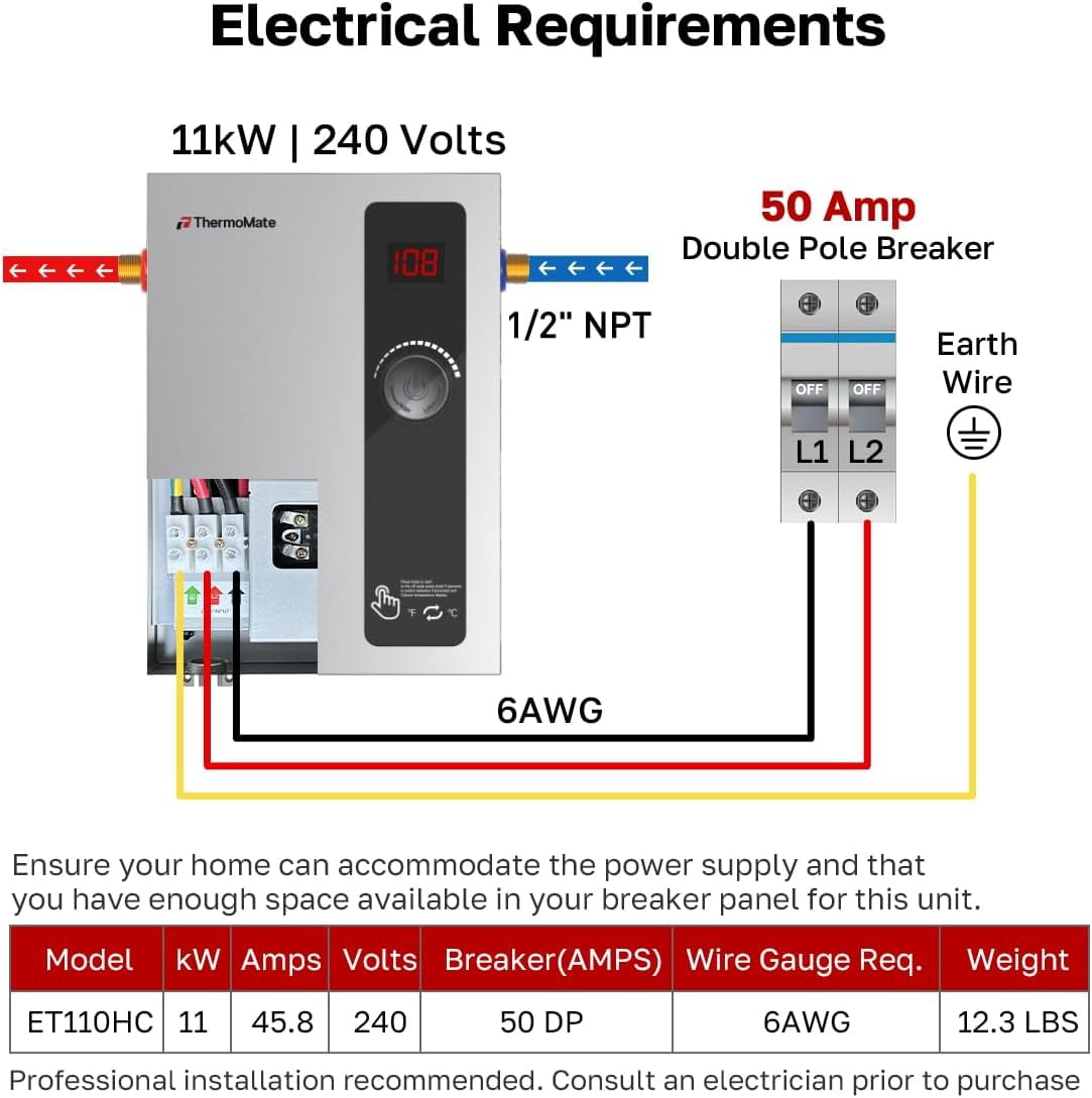 ThermoMate 11kW 240 Volt Electric Tankless Water Heater, Reliable Hot Water for Home, Shop, Cabins