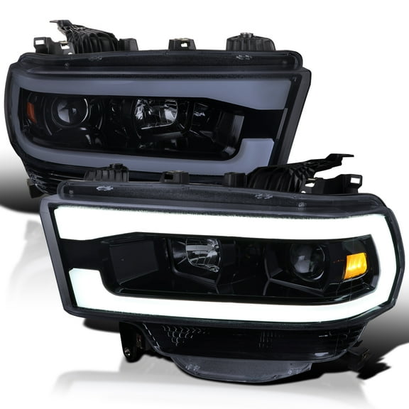 Spec-D Tuning Glossy Black Smoke Projector Headlights w/ LED Bar Compatible with 2019-2024 Dodge Ram 2500, 3500, 4500, Left   Right Pair Headlamps Assembly