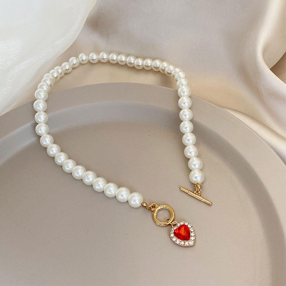 Vintage Pearl Necklace For Women Retro Red Crystal Heart Pendant Pearl Choker Necklaces Gifts Jewelry W1F0 - image 5 of 8