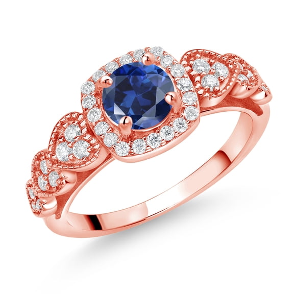 Gem Stone King 18K Rose Gold Plated Silver Blue Created Sapphire and White Moissanite Engagement Ring for Women (1.38 Cttw, Round 6MM, Gemstone September Birthstone, Size 7)