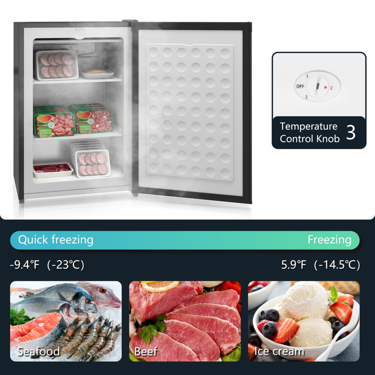 3.0 Cubic Feet Compact Upright Freezer Reversible Door Adjustable Thermostat for Home Dorm Apartment Office Black