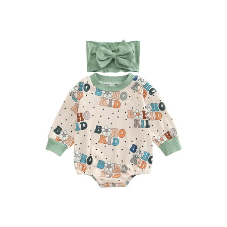 

Calsunbaby 2Pcs Toddler Baby Girls Long Sleeve Romper and Headband Cartoon Letter Printed Round Neck Bodysuit Outfits Lake Green 12-18 Months