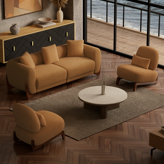 Morden Fort 3PCS Sofa & 2Accent Chair, Upholstered Lamb Fabric Sofa Set with Throw Pillows, Pet-Friendly Curved Couch & Armless Chair for Living Room, Caramel