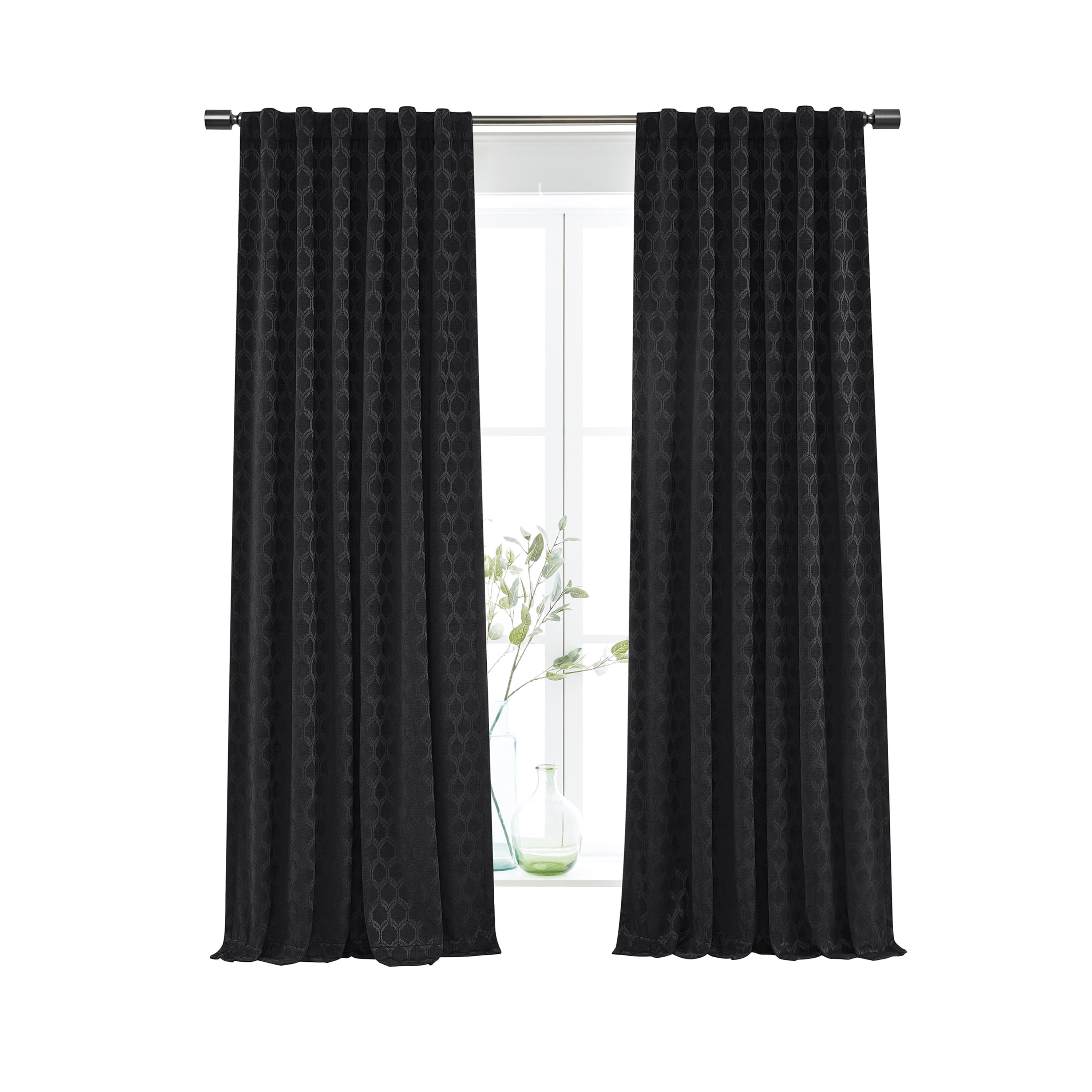 (2 pack) Better Homes & Gardens Jacquard Velvet Blackout Curtain Rod Pocket/Back Tab Indoor Single Panel, Rich Black, 50" W x 84" L, Adult