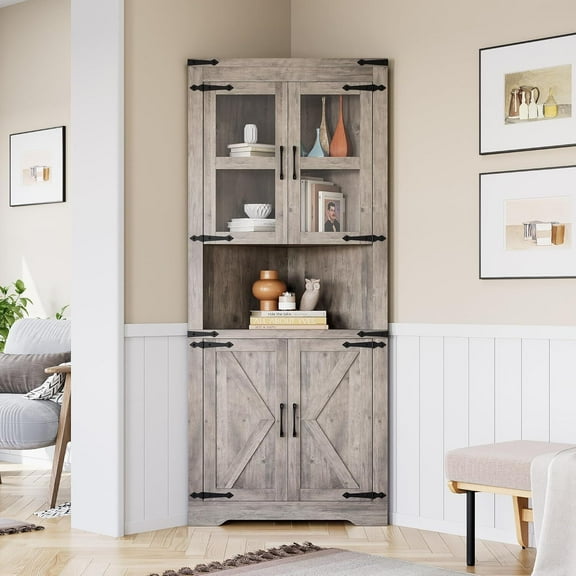 67" Tall Corner Storage Cabinet with Glass Door & Adjustable Shelves for Living Room, Kitchen, Bathroom