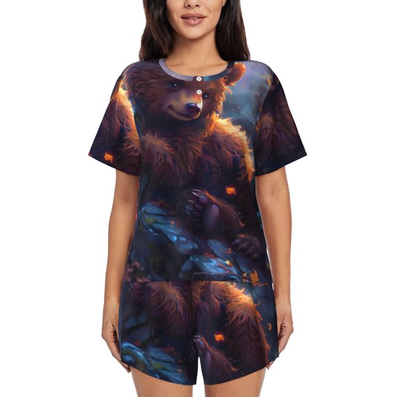 Ratiio Lazy Stone Bear Print Womens Pajama Sets 2 Piece Soft Short Sleeve Top and Shorts Sleepwear Round Neck Pjs Lounge Set