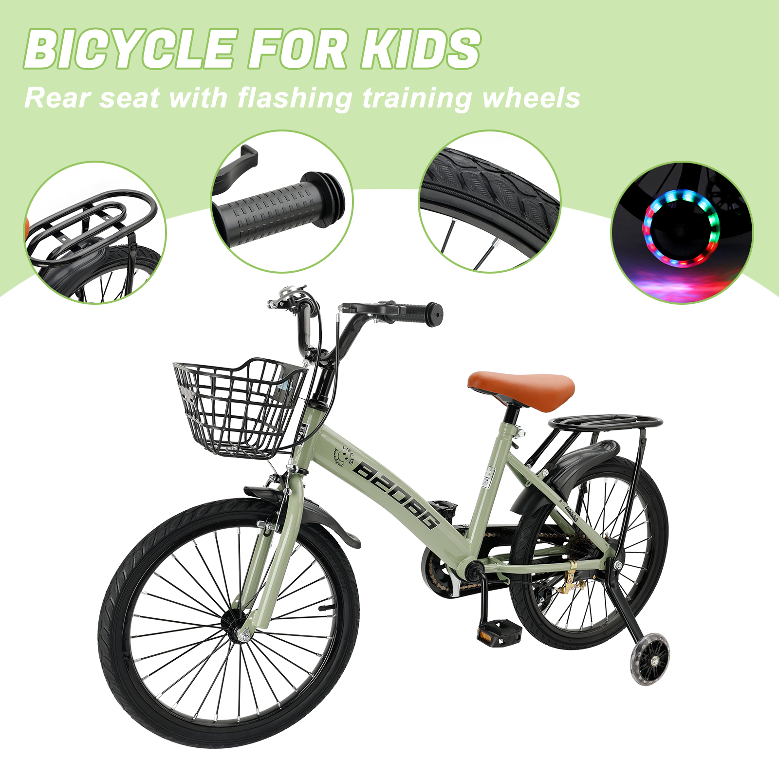 ARTUDATECH Kids Bike, 18 Inch Children Bikes for Boys Girls Age 6-10 Years old with Lighting Training Wheels, Basket, Dual Brake, Kids Bicycle Green