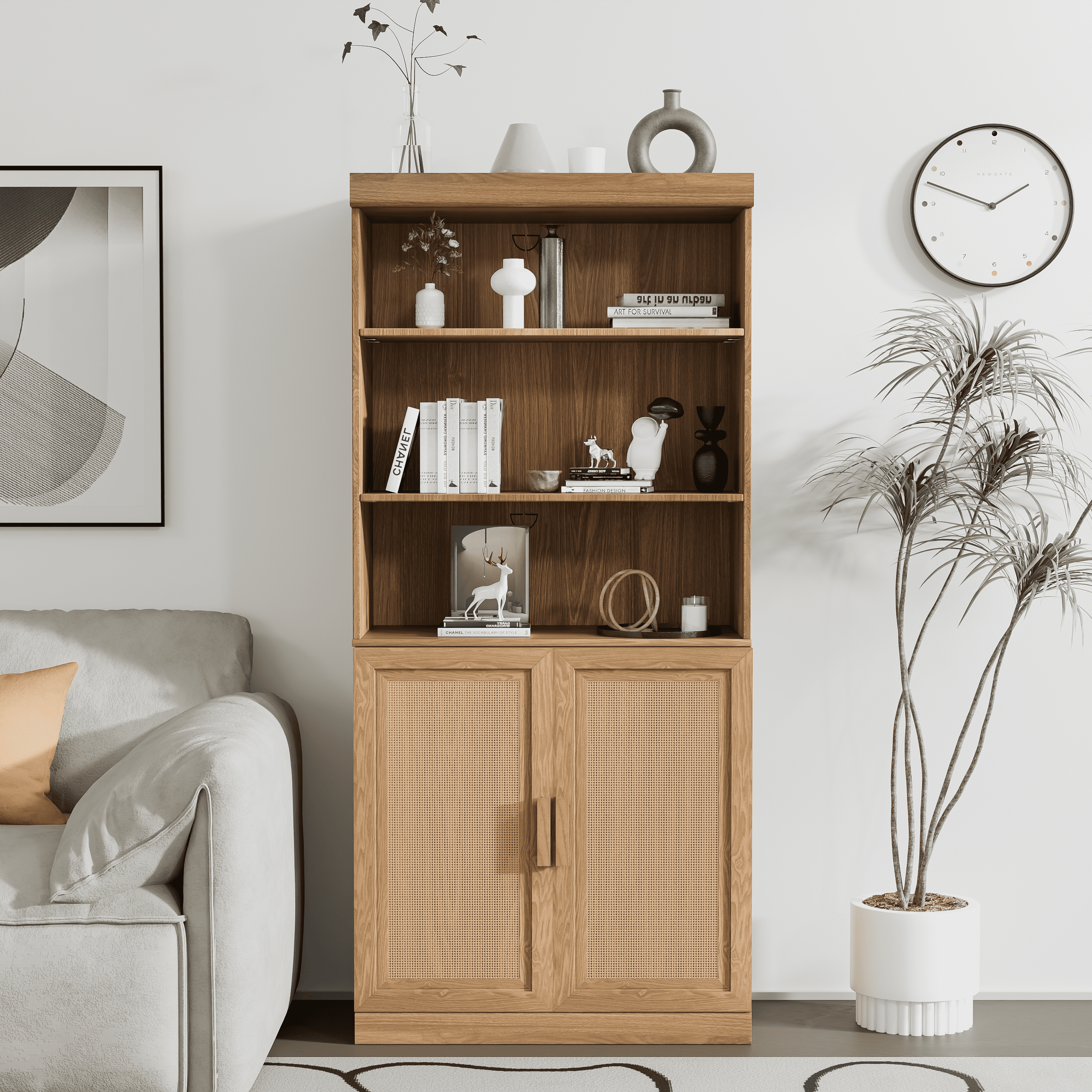 MAYEERTY 2-Set 16*31*36"Natural Wood Grain Storage Cabinet with Adjustable Shelves for Living Room, Bookcase