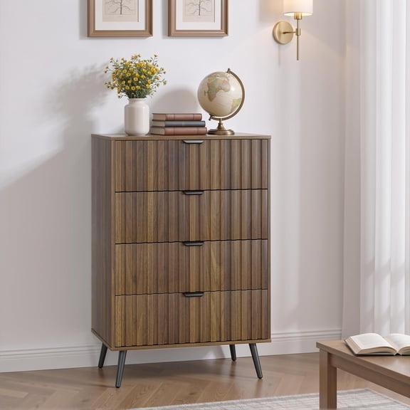Semiocthome Dresser with 4 Fluted Drawers, Chest of Drawers Storage Cabinet, Walnut, Adult