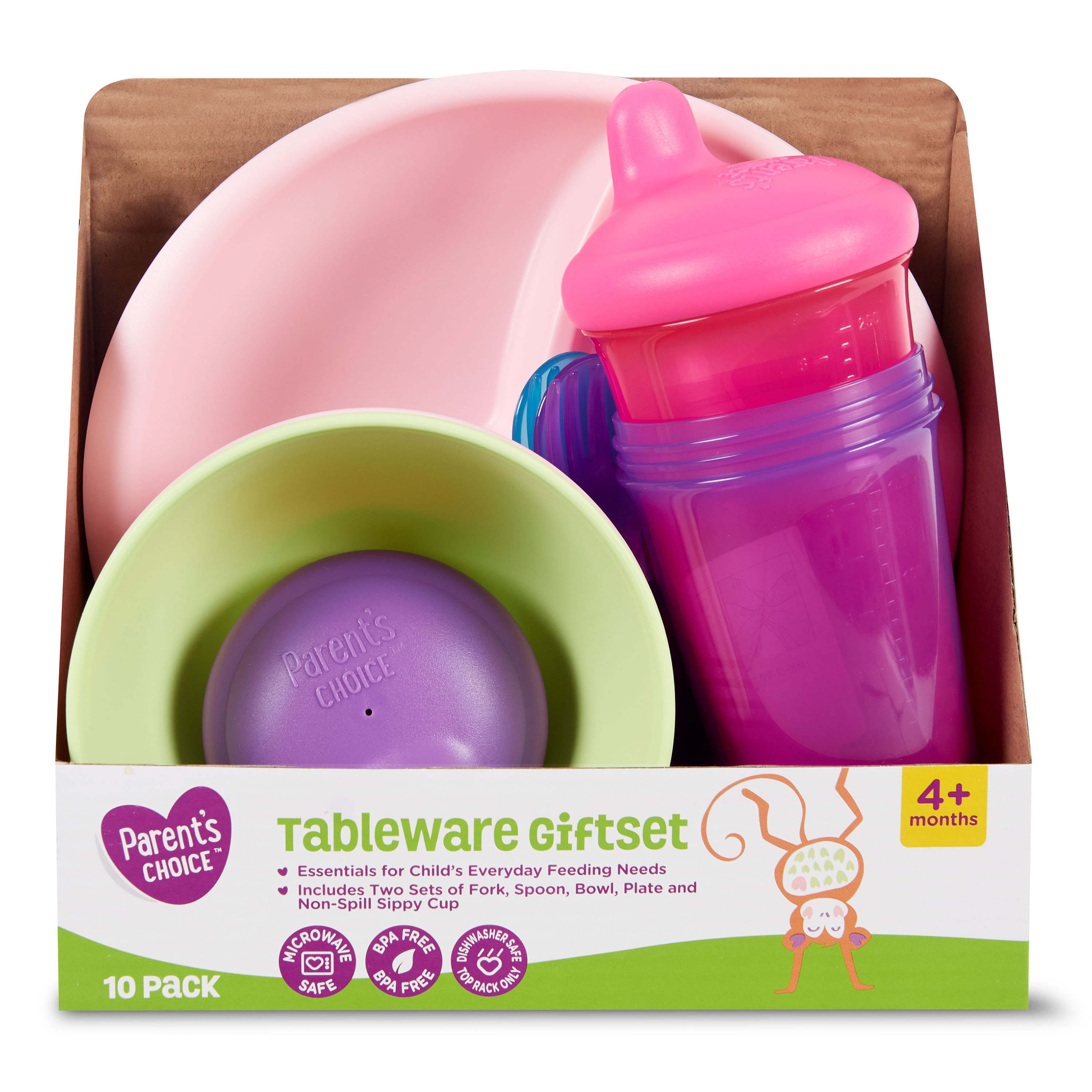Parent's Choice Tableware Giftset, 4+ Months, 10 Pack, Pink Walmart