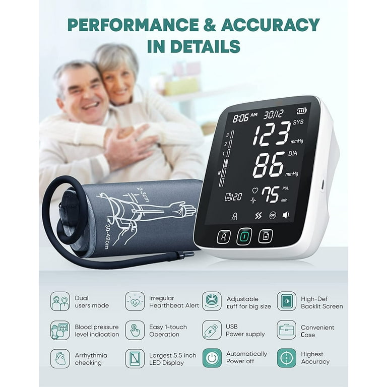 LOOKEE A2 Premium LED Automatic Upper Arm Blood Pressure Monitor | Super Large 6.4 inch Bright White LED Panel | Slim Body | Large Cuff 8.7 inch-16.5