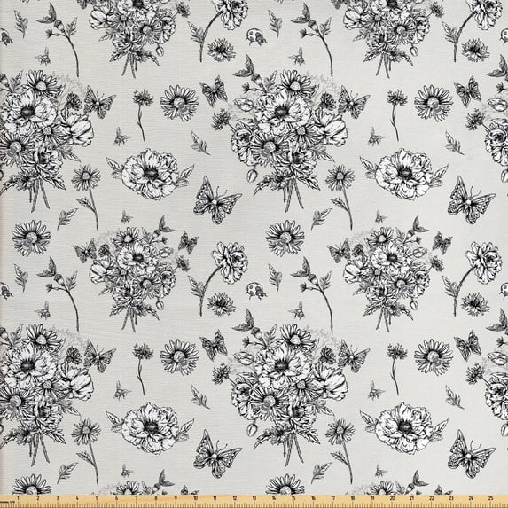 Spring Fabric by the Yard, Romantic Wild Bouquet with Butterfly Silhouettes Greyscale, Upholstery Fabric for Dining Chairs Home Decor Accents, Coconut Charcoal Grey by Ambesonne