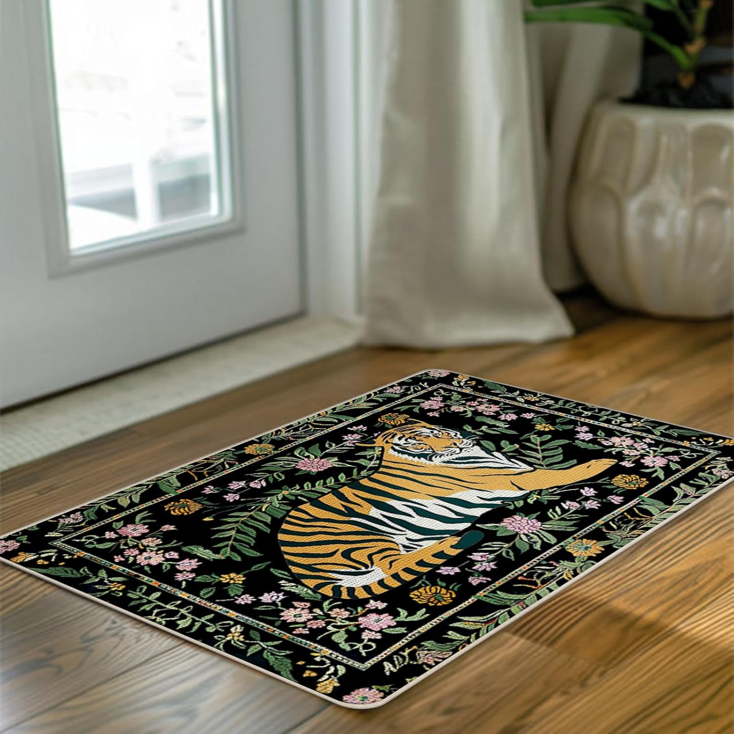 Jungle Tiger Black Welcome Front Door Mat, Tropical Plant Floral Decorative Doormat Non-Slip Floor Entryway Rug, Botanical Low Profile Indoor Outdoor Home Kitchen Decoration 17x29 Inches