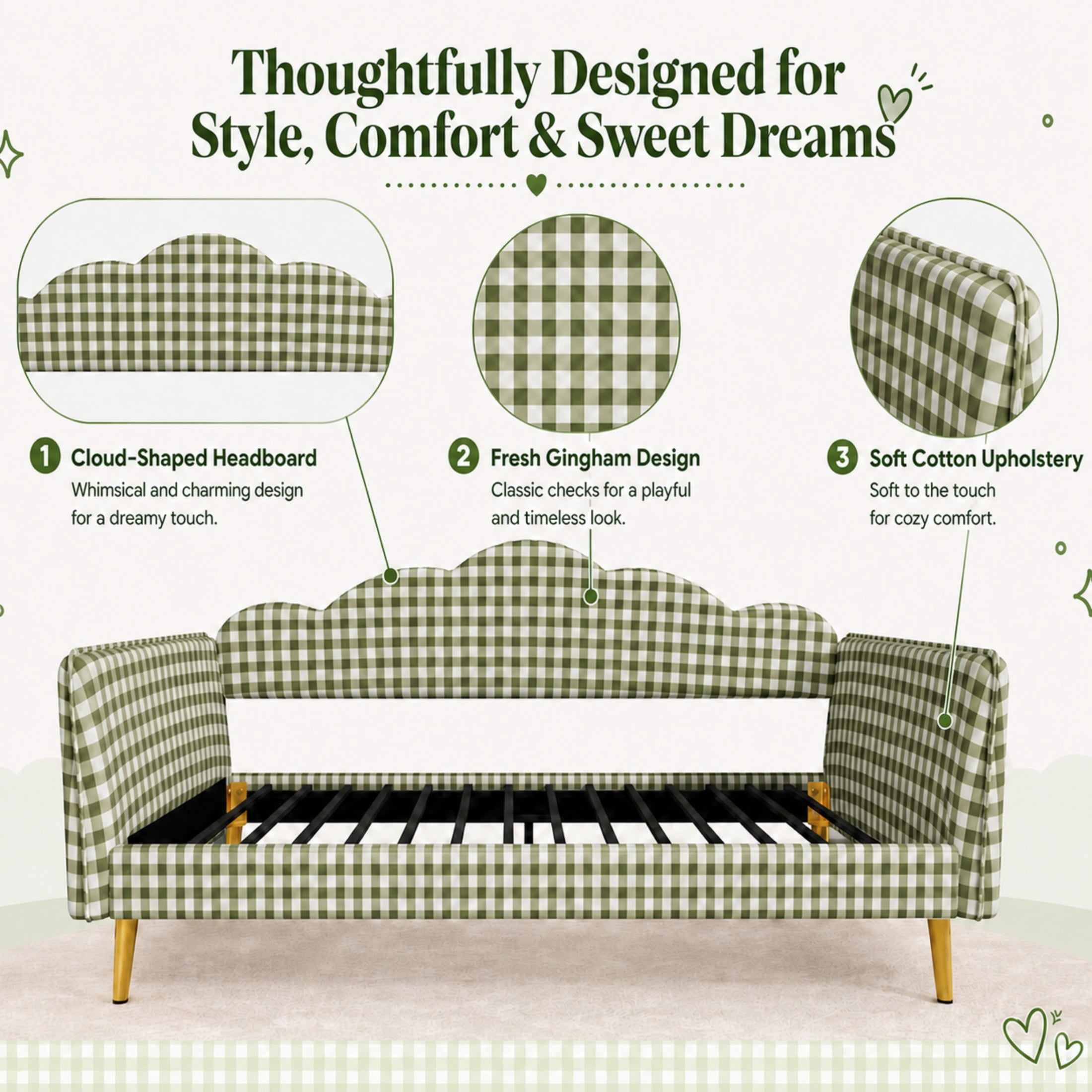 Noble House Jocast Twin Size Upholstered Platform Daybed, Gingham Pattern Headboard and Side Armrests, Green