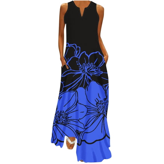Alkepwun Sun Dresses Women Casual Loose Plus Size V-Neck Sleeveless Pocket Tank Dress Comfort Breathable Floral Print Bohemian Style Long Dress