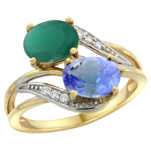 10K Yellow Gold Diamond Natural Quality Emerald & Tanzanite 2-stone Mothers Ring Oval 8x6mm, size 7