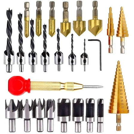 26-pack Woodworking Chamfer Drilling Tool, Five-edge Chamfer Corker Drill Sample Punch Step Drill Pagoda Drill Set