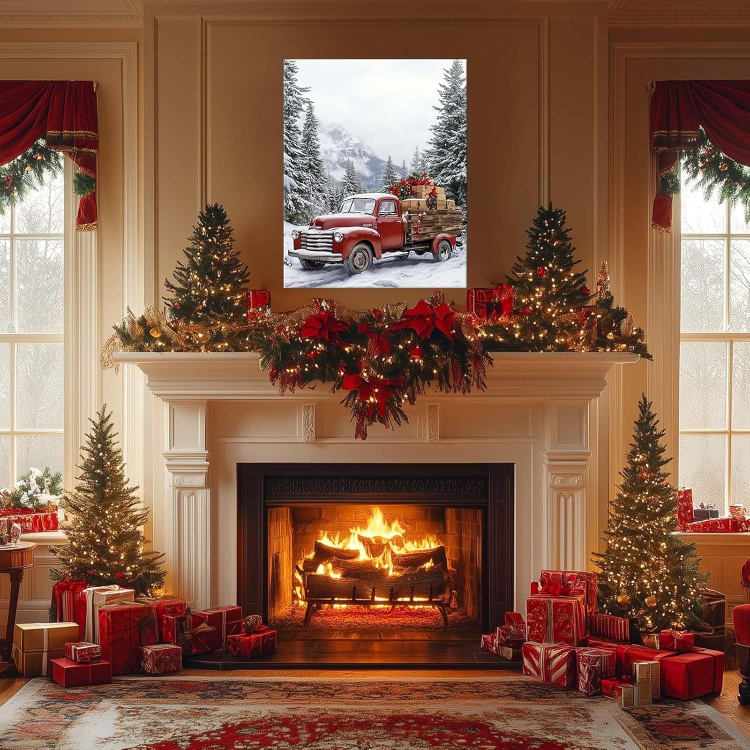 Christmas Canvas Wall Art Decor with Truck on Snowy Road, Gifts and Snow-Covered Pines, Holiday Canvas Print for Living Room and Bedroom, Festive Fixed Canvas for Winter Home Décor,24X30inch