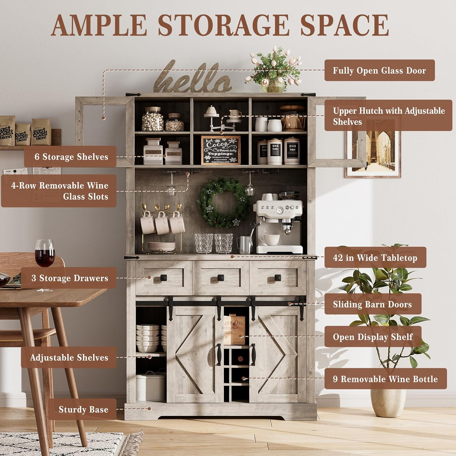 Homhougo 72" Kitchen Pantry Storage Cabinet with Hutch and Sliding Barn Door, Farmhouse Tall Buffet Cabinet with Drawers, Large Coffee Bar with Wine & Glasses Rack, for Home Living Room, Grey