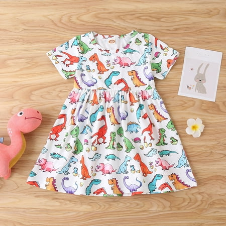 

Tking Fashion Toddler Kids Baby Girls Cartoon Dinasaur Short Sleeve Princess Dress Party Dress Multicolor 68