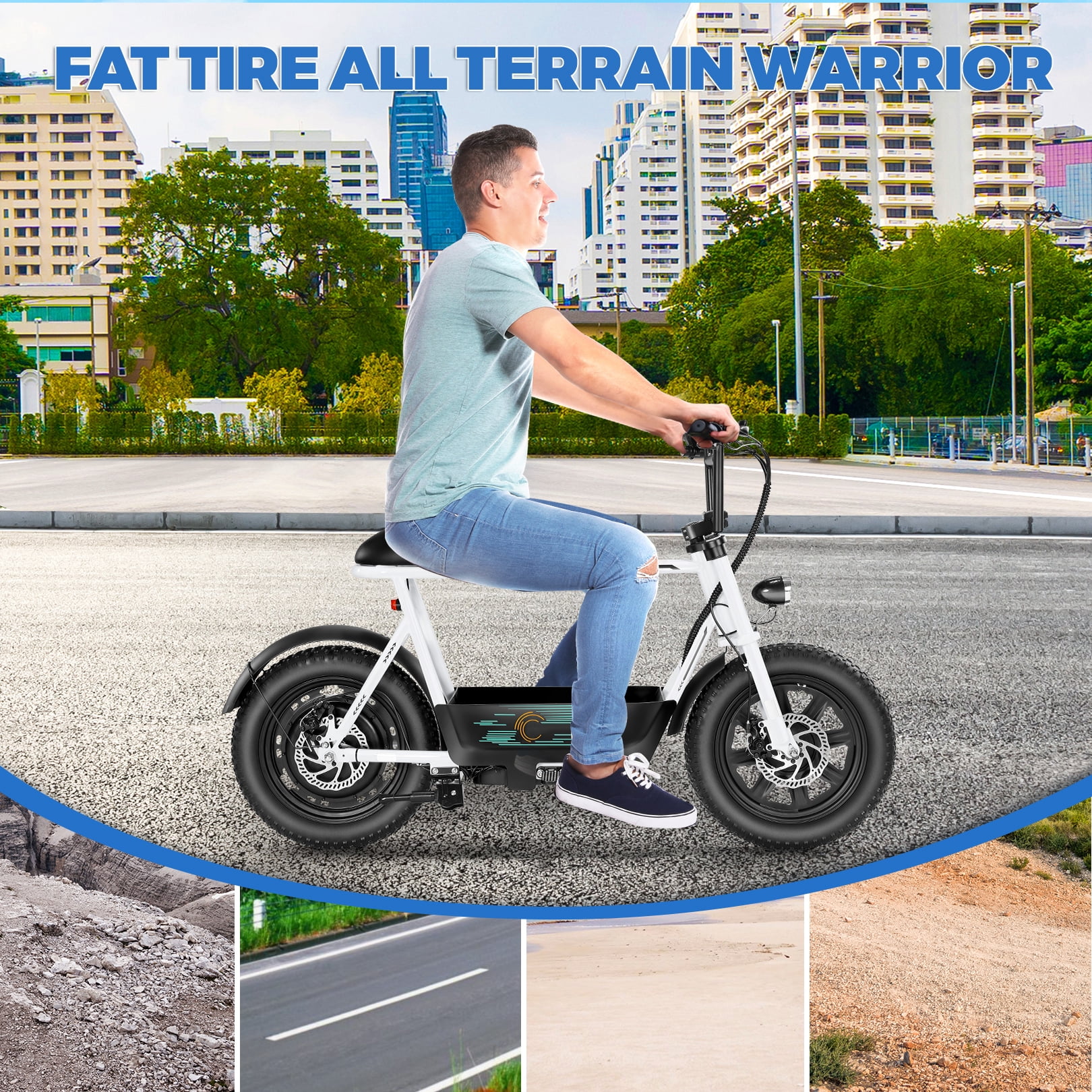 SANOPY Electric Scooter with Seat for Adults, 350W Motor up to 15 Miles Range 20 Mph, 16" Fat Tire for All-Terrain, Motorcycle Style E-Scooter for Commuting with Carry Basket, White