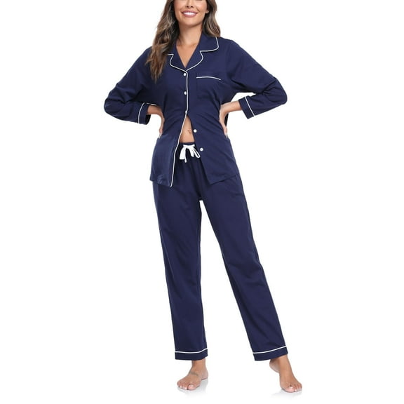 MAYFISH 100% Cotton Pajama Sets for Women Long Sleeve Sleepwear Button Down Pjs Fall 2 Piece Lounge Sets S-XXL(Navy Blue, Medium)