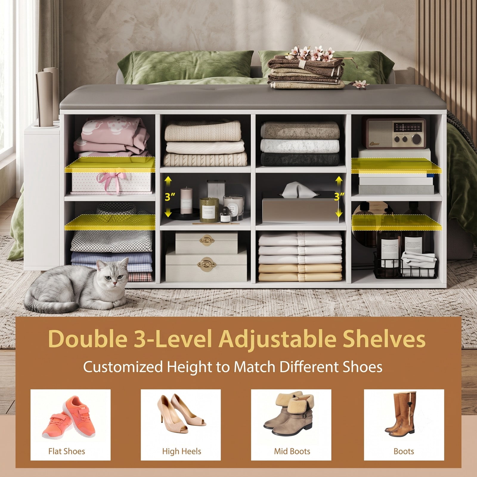 Furnibear Shoe Storage Bench with Umbrella Stand and 10 Adjustable Cube Shelves and Tufted Padded Seat for Entryway and Hallway, White