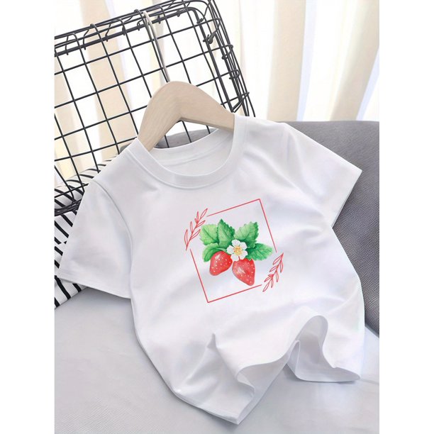 Camiseta con estampado de fresas para niña, mezcla de algodón, cuello redondo, manga corta, tejido de punto informal de verano con ligera elasticidad, ideal para actividades al aire libre (negro, mor