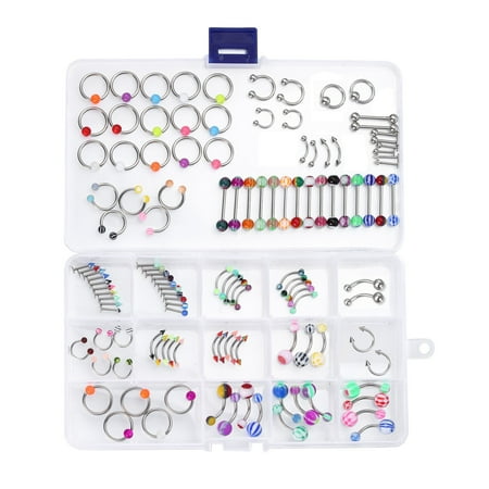 Body Piercing Kit Mix Lot in Case Jewelry Belly Ring Labret Tongue Eyebrow Tragus 120 (Best Metal For Body Piercings)