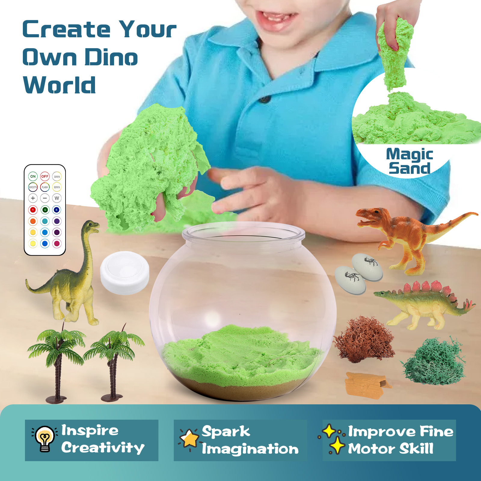 Dinosaur Light-Up Terrarium Kit for Kids- Multicolor LED Night Light Birthday Gifts - Dinosaur Toys for Boys Ages 4-6 7 8 9 10 Year Old - Kids Arts and Crafts Kit