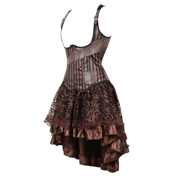 Grebrafan Steampunk Striped Underbust Corset and Tutu Skirt Women Set XS Brown