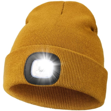Sinhoon Unisex Beanie Hat with Light USB Rechargeable Hands Free LED Headlamp Hat Knitted Night Light Beanie Cap Flashlight Hat Men Gifts for Dad Father Husband (Khaki)