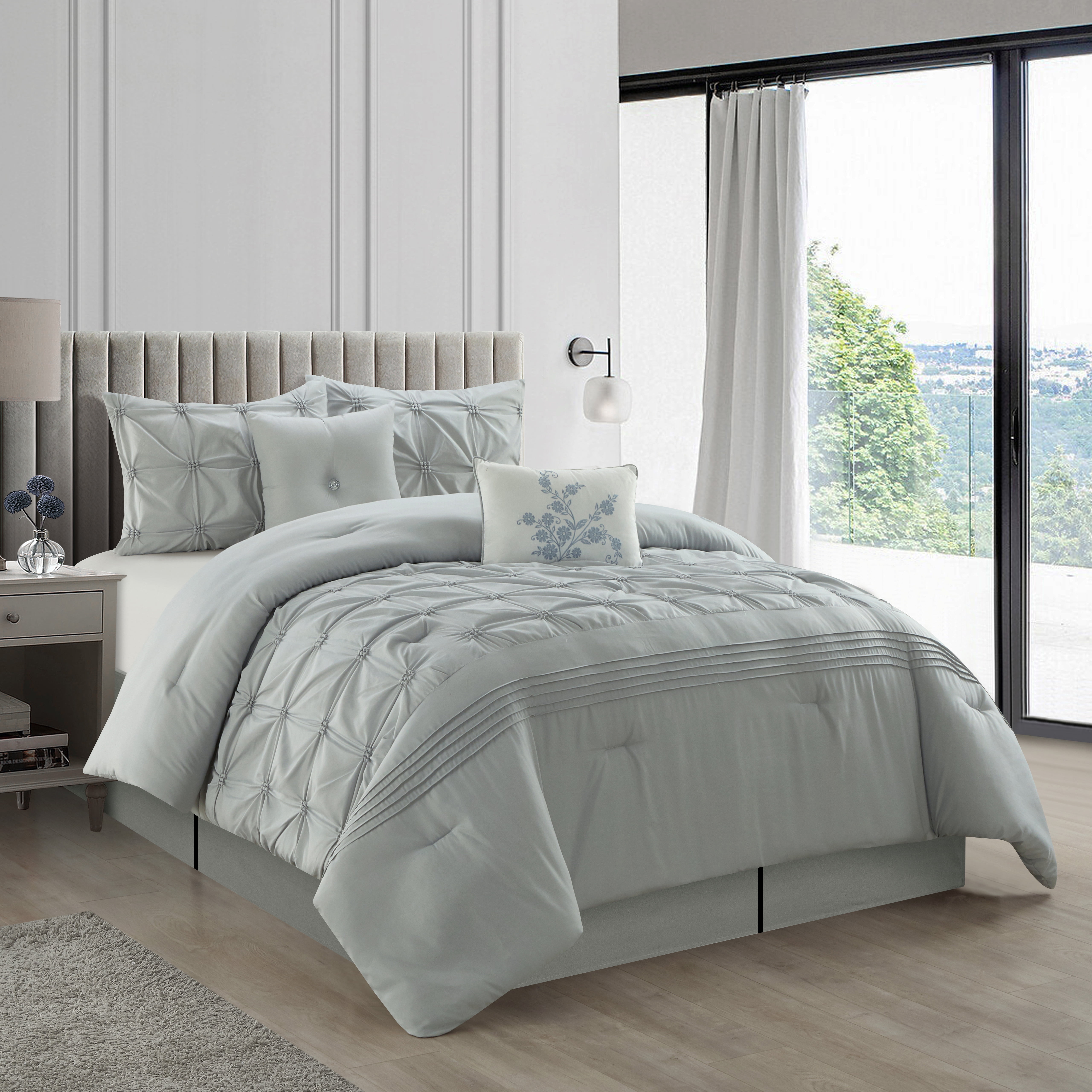 Lanco Vina Floral 6 Piece Comforter Set Grey, Bed Size California King, Fill Polyester, Solid Color, Ultra Soft