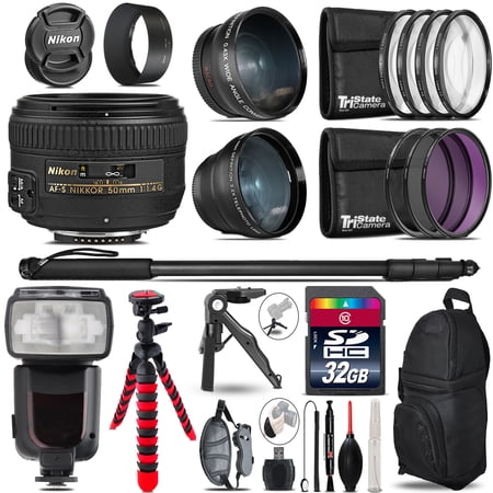 Nikon AF-S 50mm 1.4G - 3 Lens Kit + Professional Flash - 32GB Accessory Bundle