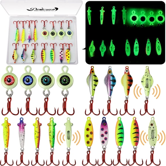 Dovesun 15PCS Ice Fishing Jigs Ice Fishing Lures Kit Rattling Glow Ice Fishing Spoons for Bass Crappie Panfish Mens Fishing Gifts