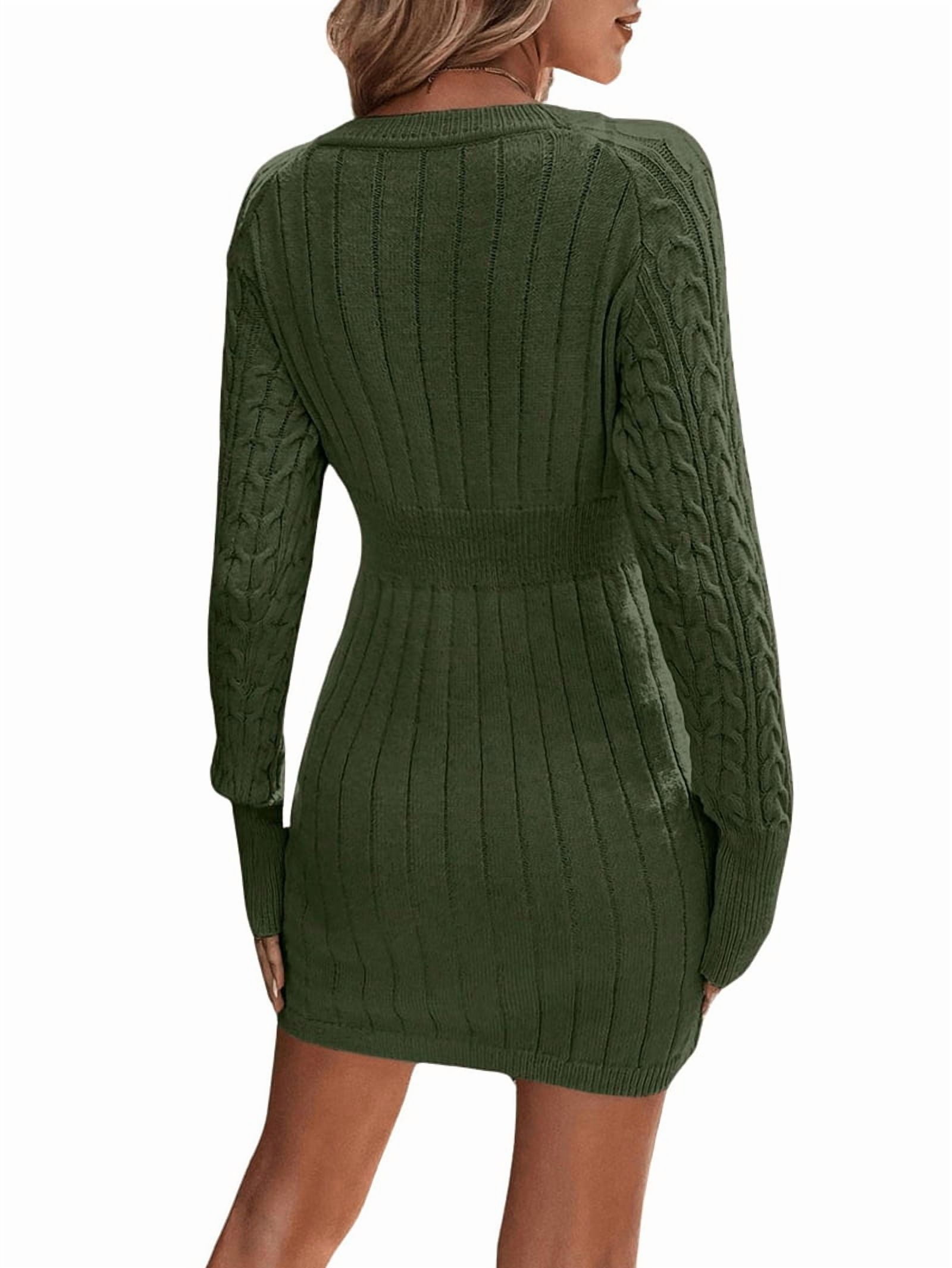 Women'S Cable Knit Sweater Dress Long Sleeve Knit Fall Winter Dresses Crewneck Mini Pencil Dresses Army Green S
