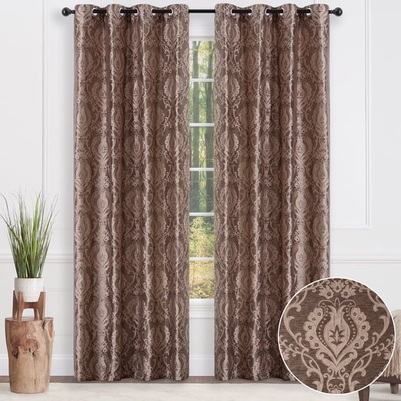 Chanasya Damask Pattern Luxury Brown Curtains - 63 Inch Panels with Grommets - for Living Room Windows Bedroom Kitchen Dining - Elegant Jacquard Vintage Classy Design - Room Darkening 2 Panel Set